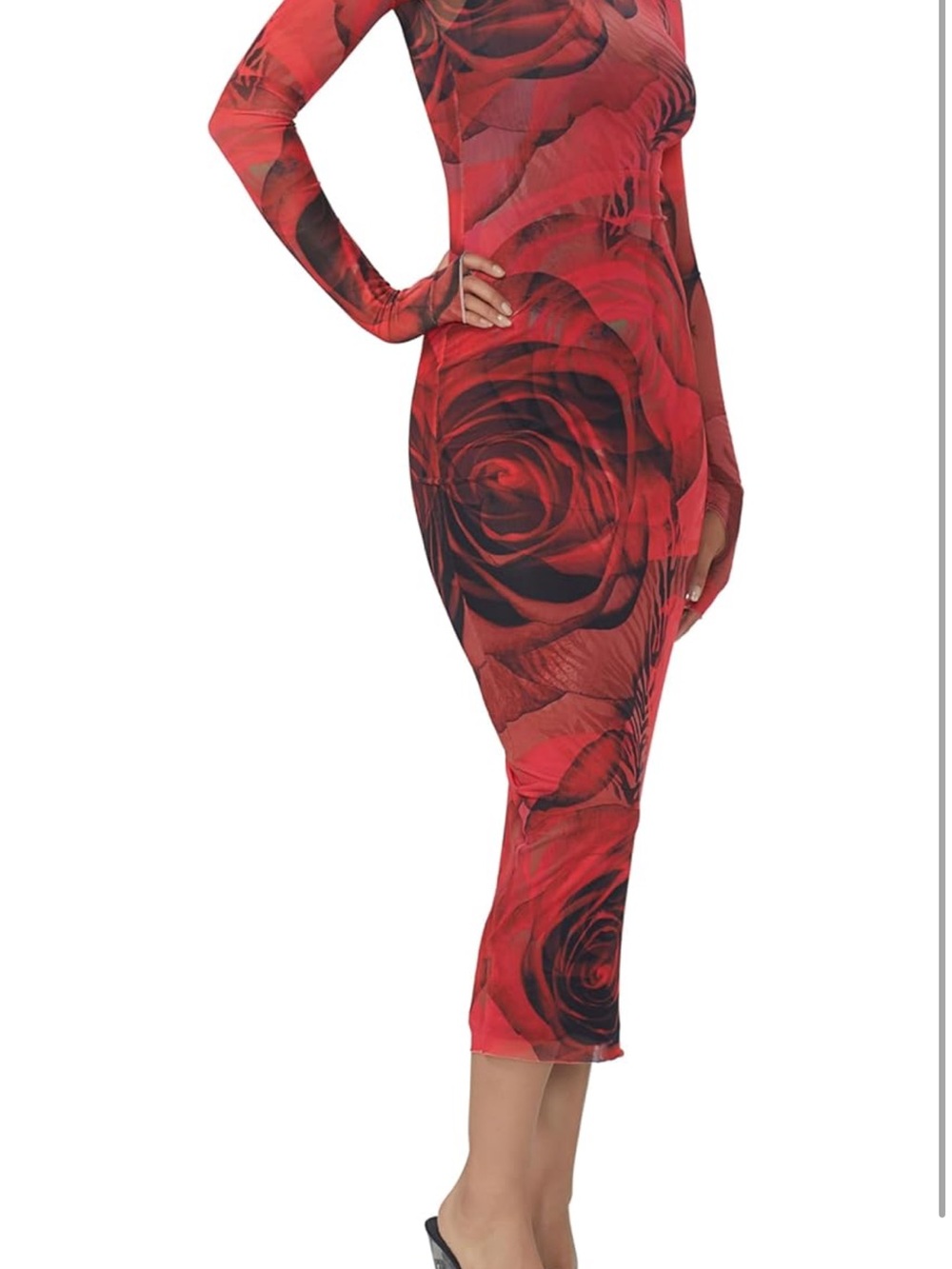 NWT Revolve AFRM Shailene Red Rose-Print Long Sleeve Mesh Midi Dress, size XL. - Picture 4 of 6